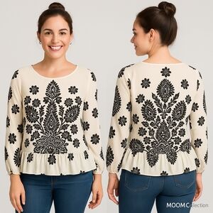 Moon Collection Women's Black and White Patterned Blouse Size L